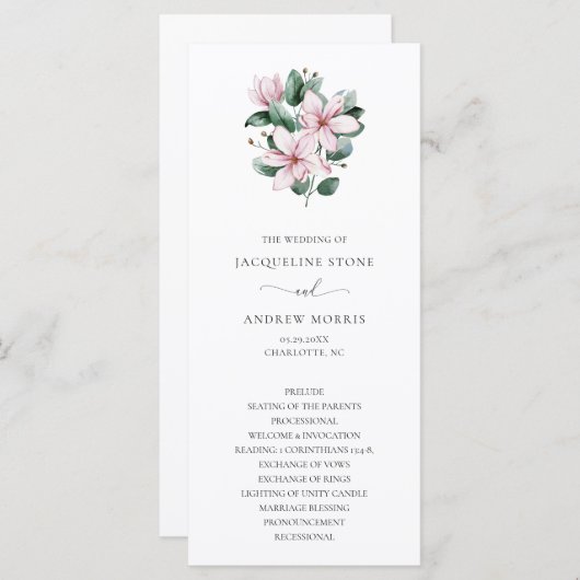 Elegante Roze Magnolia Eucalyptus Bloemige Bruilof Programmakaart (Voorkant / Achterkant)
