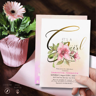 Elegante Roze Magnolia Gouden Schrift Het is een M Kaart