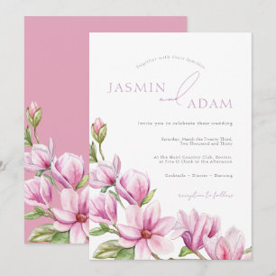 Elegante Roze Magnolia Monogram Huwelijk Kaart
