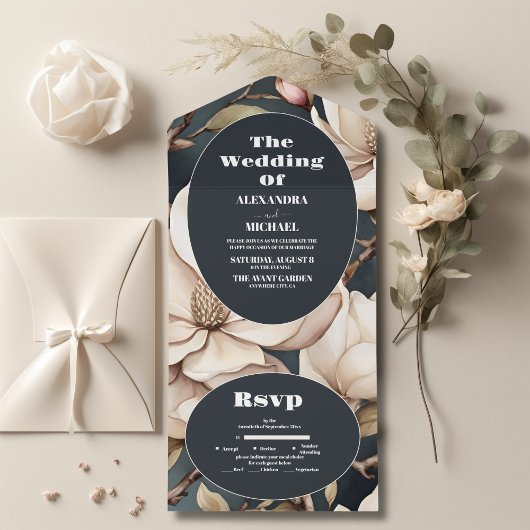 Elegante roze Magnolia's en groen All In One Uitnodiging