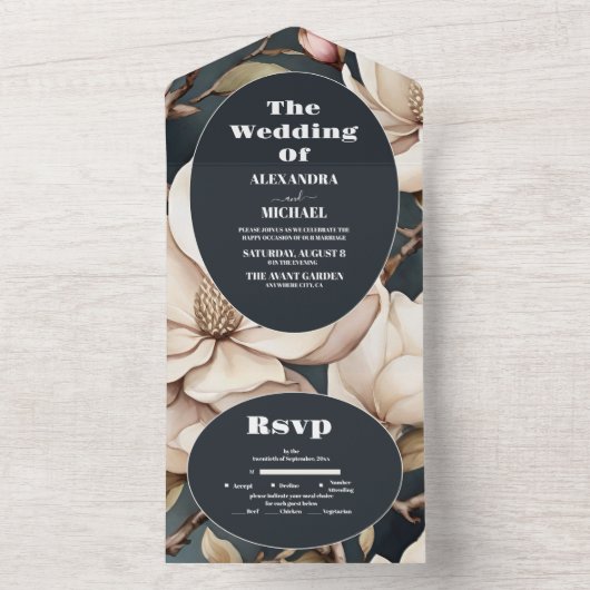 Elegante roze Magnolia's en groen All In One Uitnodiging (Binnen)