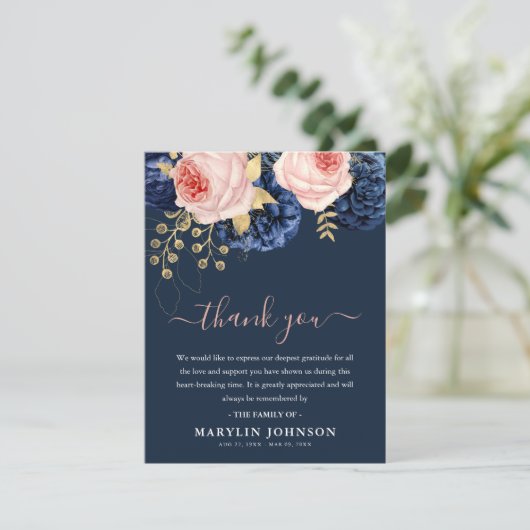 Elegante roze & marine bloemen begrafenis dank u bedankkaart (Staand voorkant)