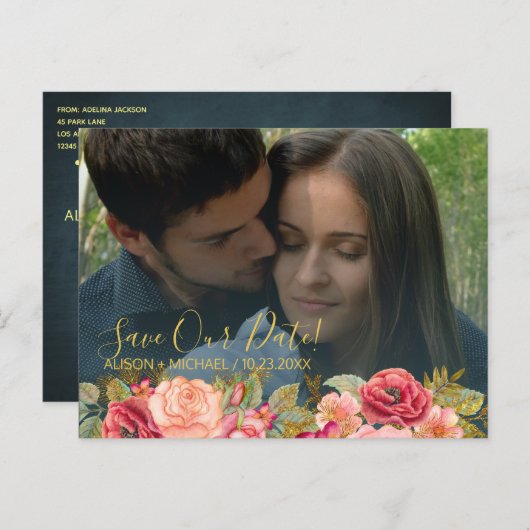 Elegante roze marine gouden foto bruiloft save dat aankondigingskaart (Voorkant / Achterkant)