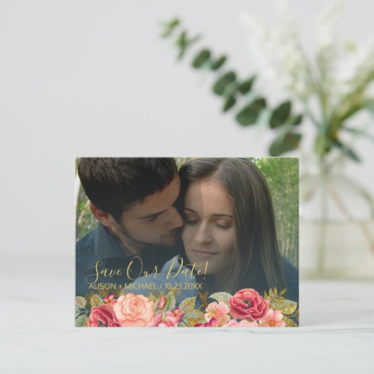 Elegante roze marine gouden foto bruiloft save dat aankondigingskaart (Staand voorkant)