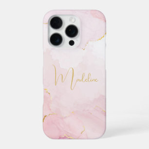 Elegante Roze Marmer Gouden Script Naam iPhone 16 Pro Hoesje