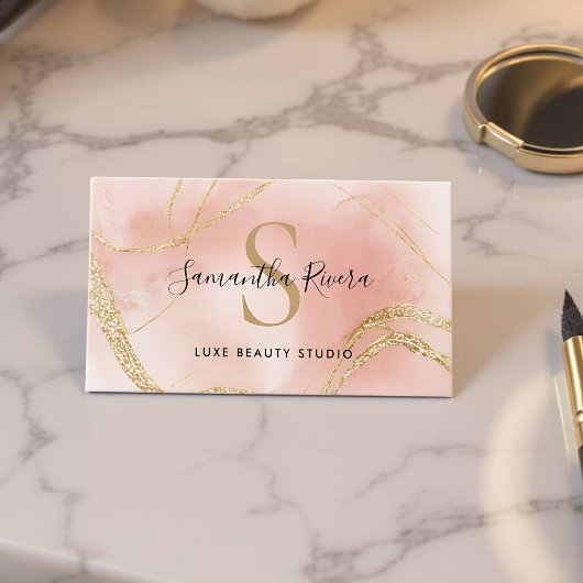 Elegante Roze Marmer Monogram Sjabloon Visitekaartje