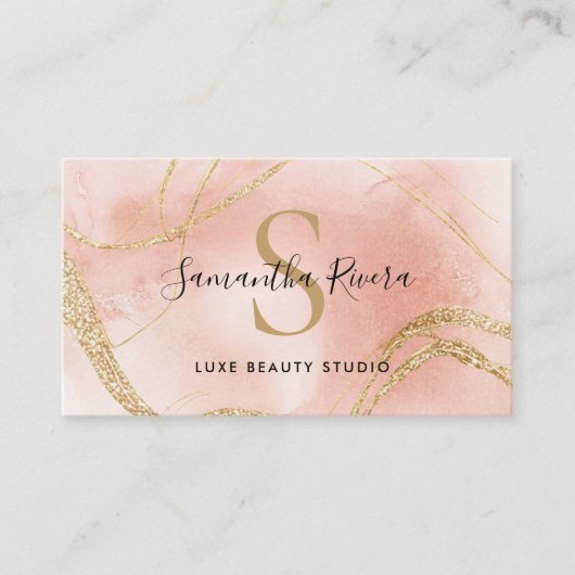 Elegante Roze Marmer Monogram Sjabloon Visitekaartje (Voorkant)