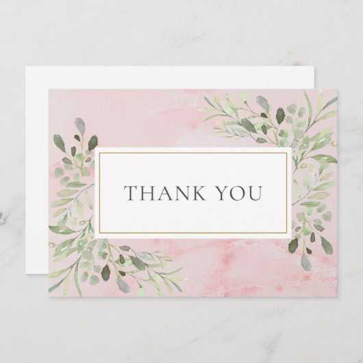 Elegante roze marmeren groene bladeren bedankkaart (Voorkant / Achterkant)