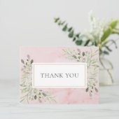 Elegante roze marmeren groene bladeren bedankkaart (Staand voorkant)