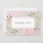 Elegante roze marmeren groene bladeren bedankkaart (Voorkant)