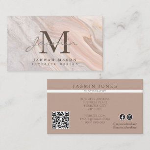 Elegante Roze Marmeren Monogram QR Code Visitekaartje