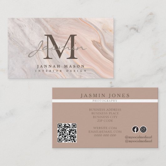 Elegante Roze Marmeren Monogram QR Code Visitekaartje (Voorkant / Achterkant)