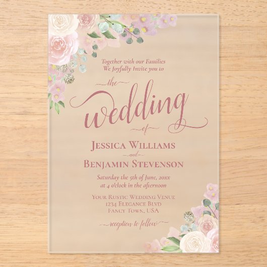 Elegante Roze & Mauve Boho Chic Rozen Fancy bruilo Acryl Uitnodigingen (Voorkant)