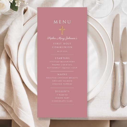 Elegante Roze Meisje Eerste Communie Menu