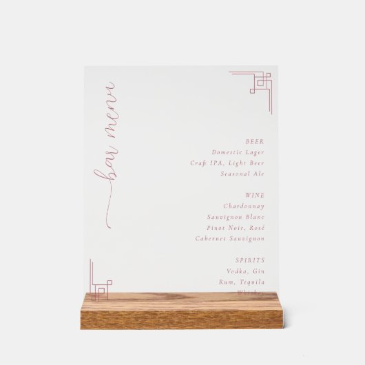 Elegante Roze Minimalistische Bar Menu Acryl Bord (Voorkant)