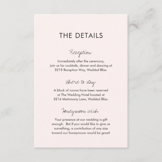 Elegante roze moderne bruiloft informatiekaartje (Voorkant)