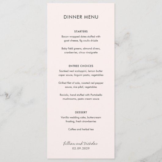 Elegante roze moderne bruiloft menu (Voorkant)