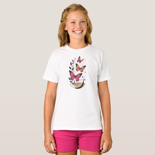 Elegante Roze Monarchvlinders Boho Kunst T-shirt (Voorkant volledig)