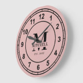 Elegante Roze Monogram Aangepaste Familienaam Grote Klok (Hoek)