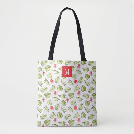 Elegante Roze Monogram groene Palmbladeren Tote Bag (Voorkant)
