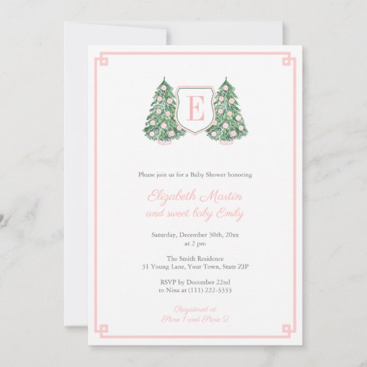 Elegante Roze Monogram Kerstmis Baby Meisje Douche Kaart (Voorkant)