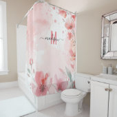 Elegante Roze Monogram Moderne Script Bruiloft Bru Douchegordijn (In situ)