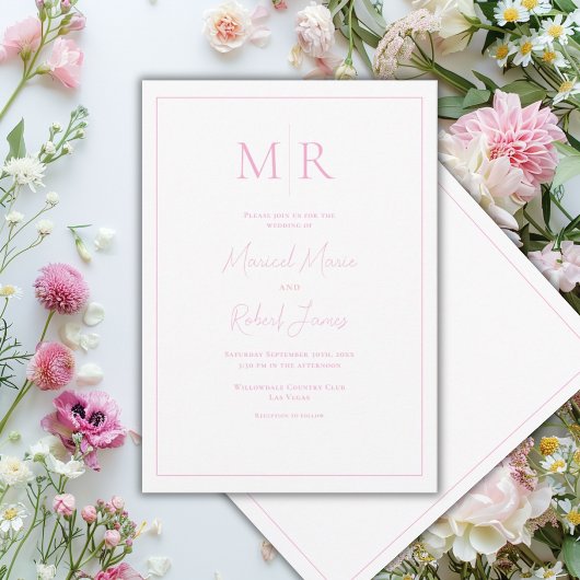 Elegante Roze Monogram Moderne Trouwdag Kaart