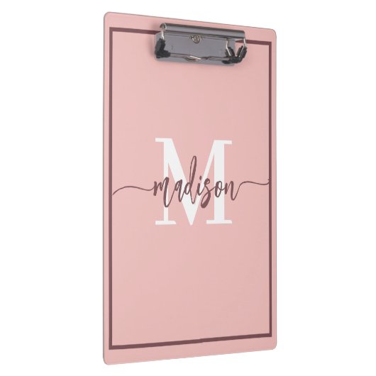 Elegante Roze Monogram Script Naam Klembord (Rechts)