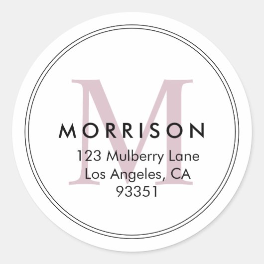 Elegante Roze Monogram Terugadres Ronde Sticker (Voorkant)