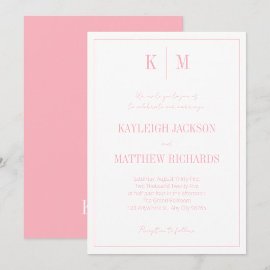 Elegante Roze Monogram Trouw Kaart (Voorkant / Achterkant)