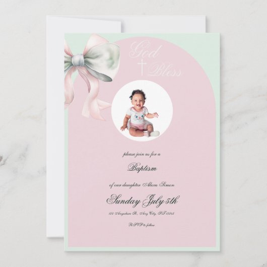 Elegante Roze Munt Boog Doop voor Baby Girl Kaart (Voorkant)