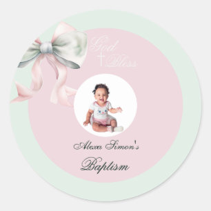 Elegante Roze Munt Boog Doop voor Baby Girl Ronde Sticker