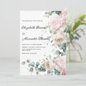 Elegante roze munt eucalyptus pioen bloemenbruilof kaart (Staand voorkant)