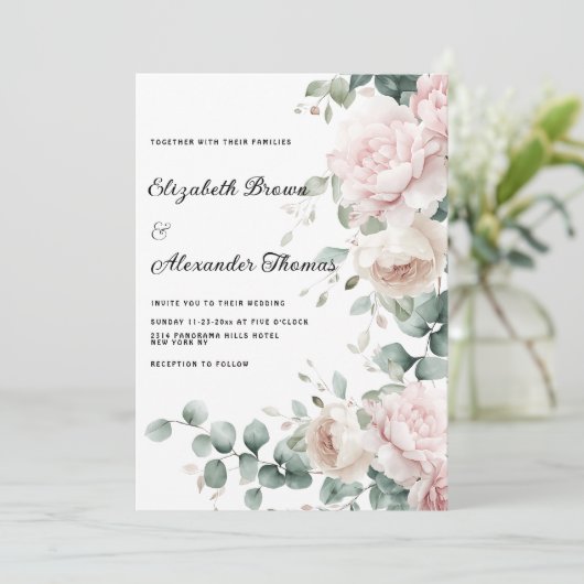 Elegante roze munt eucalyptus pioen bloemenbruilof kaart (Staand voorkant)