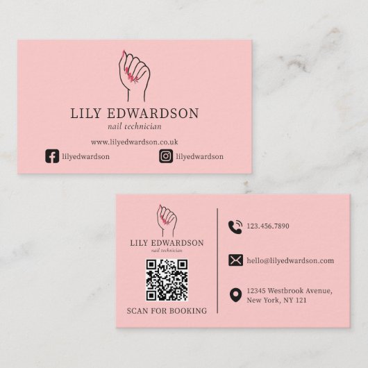 Elegante Roze Nageltechnicus Artiest Logo QR Code Visitekaartje (Voorkant / Achterkant)