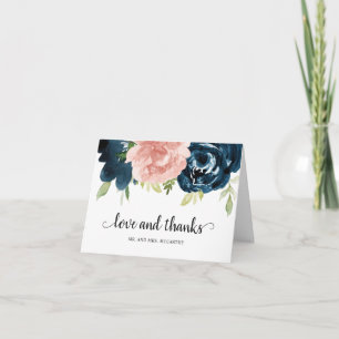 Elegante Roze Navy Blauwe Bloemige Bruiloft Bedankkaart