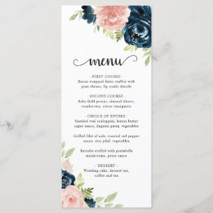 Elegante Roze Navy Blauwe Bloemige Bruiloft Menu