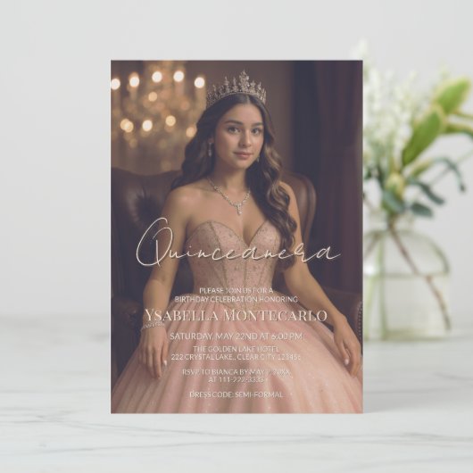 Elegante roze of Roos gouden Quinceañera uitnodigi Kaart (Staand voorkant)