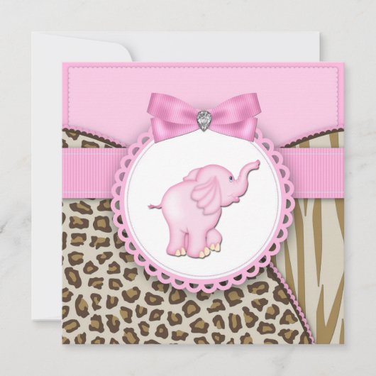 Elegante Roze Olifant Baby Meisje Douche Kaart (Voorkant)