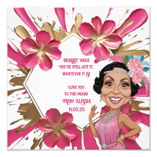 Elegante Roze Oma Karikatuur met Gold Splatter Foto Afdruk