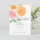 Elegante Roze & Oranje Rozen Foto Bruiloft Save The Date (Staand voorkant)