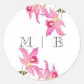 Elegante Roze Orchidee Bloeit Initialen Monogram Ronde Sticker (Voorkant)
