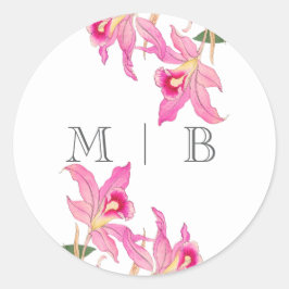 Elegante Roze Orchidee Bloeit Initialen Monogram Ronde Sticker