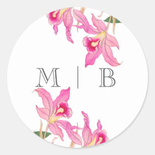 Elegante Roze Orchidee Bloeit Initialen Monogram Ronde Sticker
