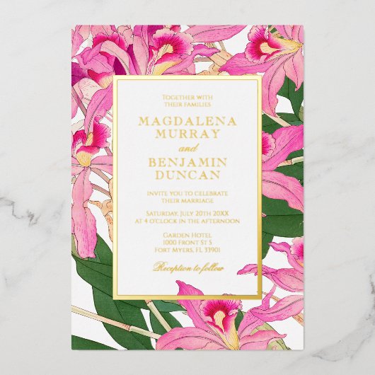 Elegante Roze Orchidee Bloeit Tropische Bloemen Hu Folie Uitnodiging (Voorkant)