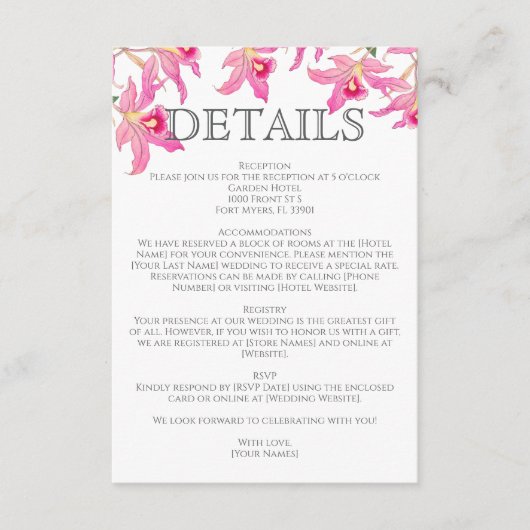 Elegante Roze Orchidee Bloeit Tropische Bloemen Hu Informatiekaartje (Voorkant)