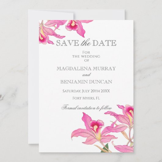 Elegante Roze Orchidee Bloeit Tropische Fotobruilo Save The Date (Voorkant)