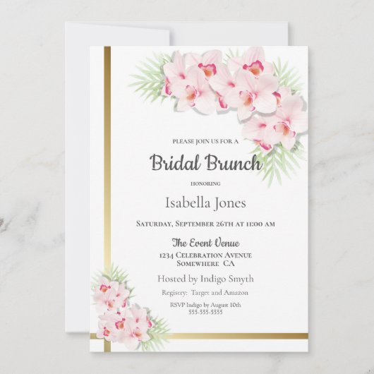 Elegante Roze Orchidee Bloemen Bruids Brunch Kaart (Voorkant)