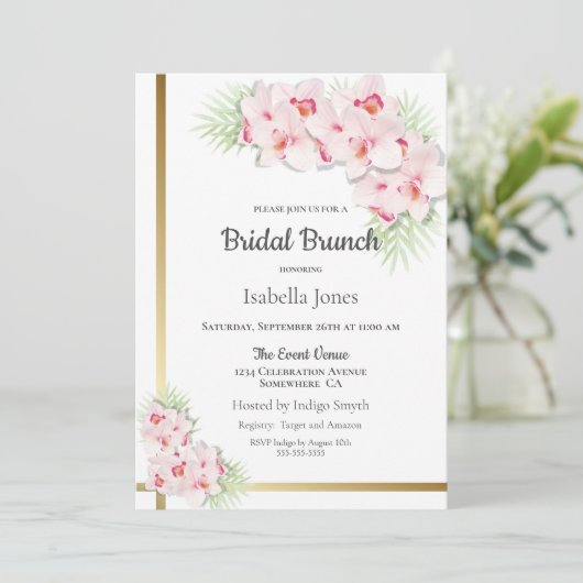 Elegante Roze Orchidee Bloemen Bruids Brunch Kaart (Staand voorkant)