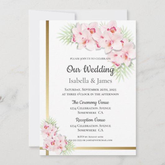 Elegante Roze Orchidee Bloemige Bruiloft Kaart (Voorkant)